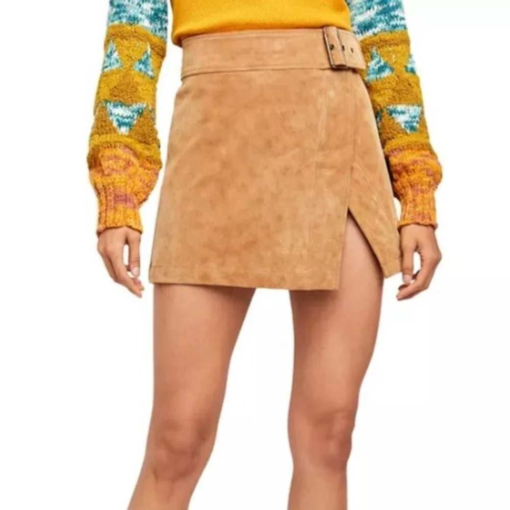 Free People Ari Mini Skirt Women Tan Faux Suede Belted Wrap Boho Western 2